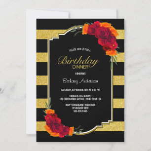 Black Gold Striped Floral Birthday Dinner Kaart