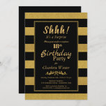 Black & Gold Striped Surprise 18th Birthday Party Kaart<br><div class="desc">Een elegante zwarte en gouden glitter verraste de 18e verjaardag uitnodiging.</div>