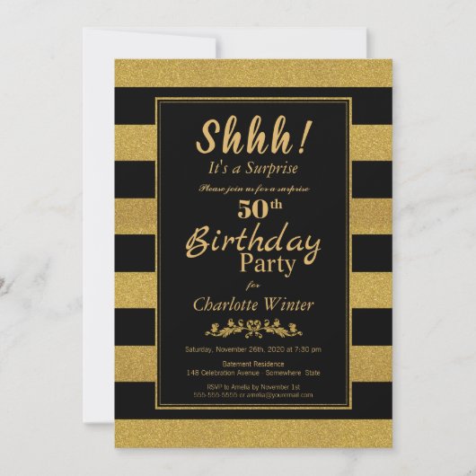 Black & Gold Striped Surprise 50th Birthday Party Kaart (Voorkant)