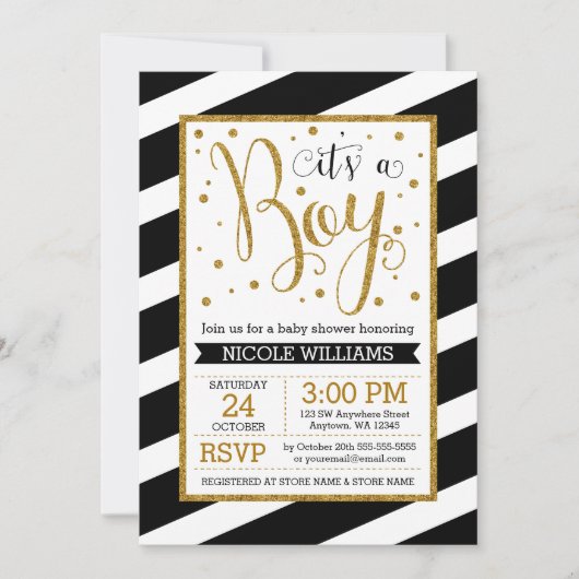 Black Gold Stripes Boy Baby Shower Uitnodigingen (Voorkant)