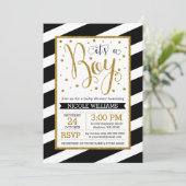 Black Gold Stripes Boy Baby Shower Uitnodigingen (Staand voorkant)