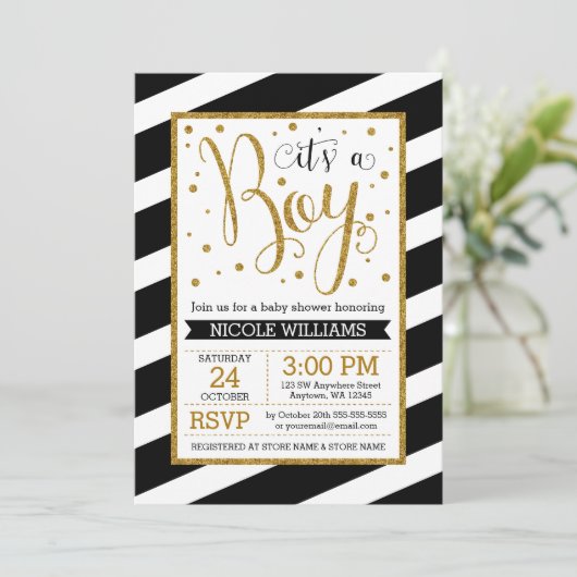 Black Gold Stripes Boy Baby Shower Uitnodigingen (Staand voorkant)