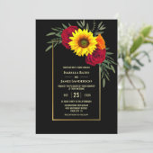 Black Gold Sunflower Burgundy Roos Wedding Kaart (Staand voorkant)