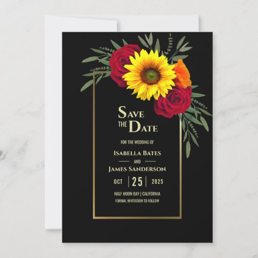 Black Gold Sunflower Burgundy Roos Weduwnaar Save  Save The Date (Voorkant)