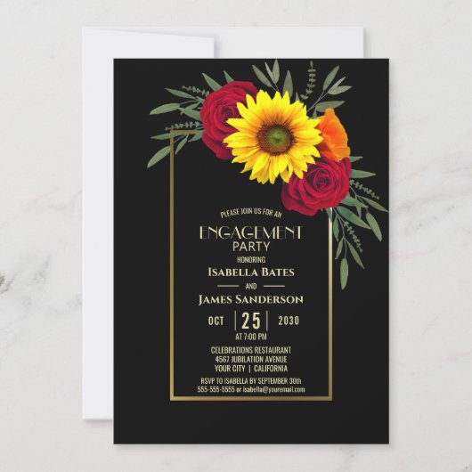 Black Gold Sunflower Roos Engagement Party Kaart (Voorkant)