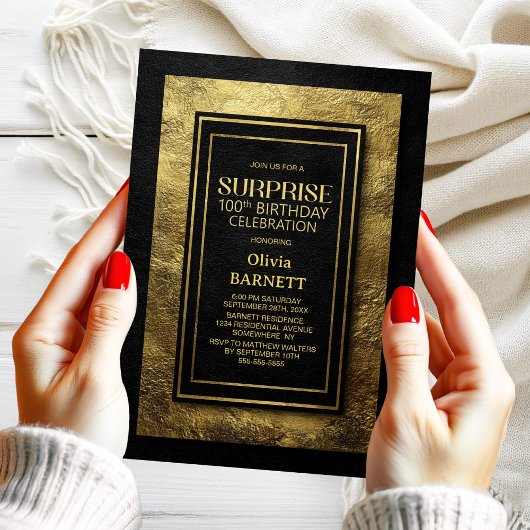 Black Gold Surprise 100th Birthday Party Kaart