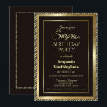 Black Gold Surprise 18th Birthday Kaart<br><div class="desc">Een moderne verrassende 18e verjaardagsfeestuitnodiging met een gouden rand in een goudvormig,  diagonaal gestreept lijst op een zwarte achtergrond.</div>
