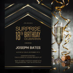 Black Gold Surprise 18th Birthday Kaart<br><div class="desc">Organiseer je verrassende viering op de 18e verjaardag en nodig je gasten uit met deze stijlvolle,  zwarte en gouden verrassing uitnodiging op de 18e verjaardag.</div>