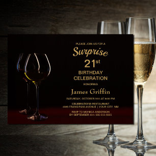 Black Gold Surprise 21st Birthday Wine Glass Party Kaart