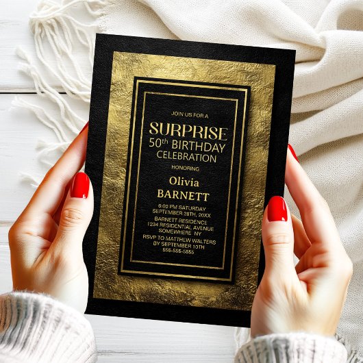 Black Gold Surprise 50th Birthday Party Kaart