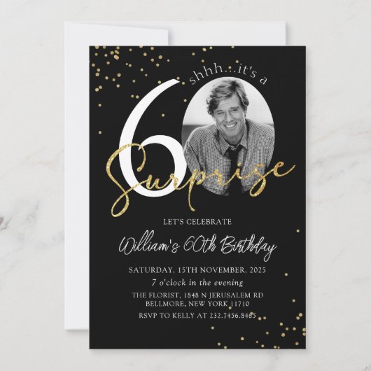 Black Gold Surprise 60e verjaardag foto uitnodigin Kaart (Voorkant)