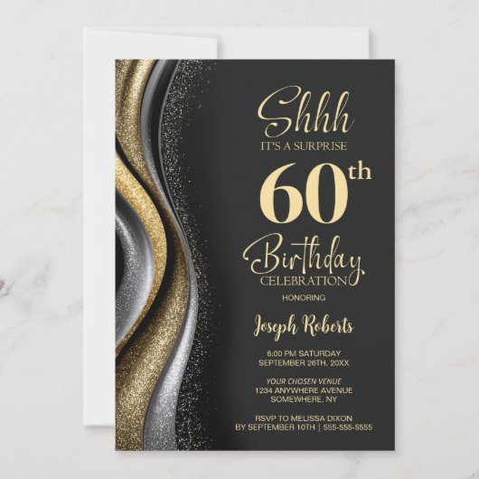 Black Gold Surprise 60th Birthday Party Kaart (Voorkant)