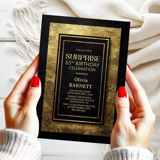 Black Gold Surprise 65th Birthday Party Kaart