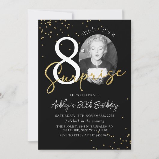 Black Gold Surprise 80ste verjaardag foto uitnodig Kaart (Voorkant)