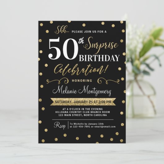 Black Gold Surprise Birthday Party Invitation Kaart (Staand voorkant)