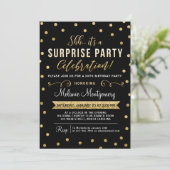 Black Gold Surprise Birthday Party Invitation Kaart (Staand voorkant)
