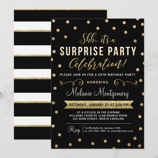 Black Gold Surprise Birthday Party Invitation Kaart (Voorkant / Achterkant)