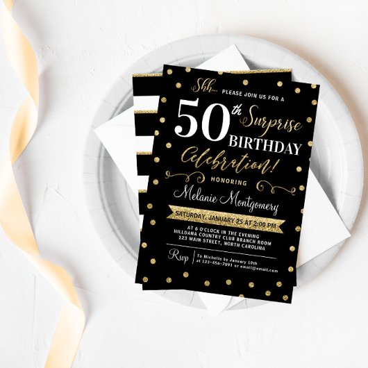 Black Gold Surprise Birthday Party Invitation Kaart