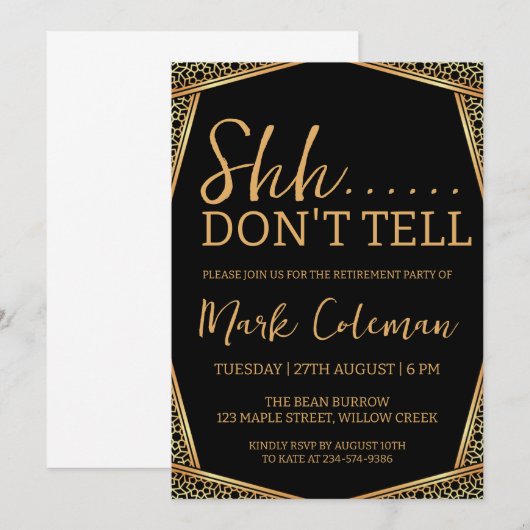 Black & Gold Surprise Uittredingsfeest Kaart (Voorkant / Achterkant)