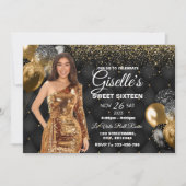 Black & Gold Sweet 16 Girl Birthday Invitation Kaart (Voorkant)