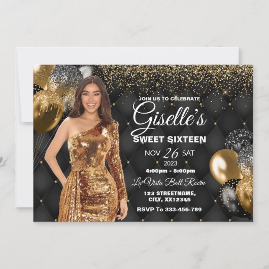 Black & Gold Sweet 16 Girl Birthday Invitation Kaart (Voorkant)