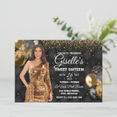 Black & Gold Sweet 16 Girl Birthday Invitation Kaart (Staand voorkant)