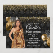 Black & Gold Sweet 16 Girl Birthday Invitation Kaart (Voorkant / Achterkant)