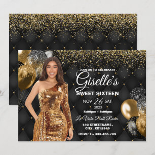 Black & Gold Sweet 16 Girl Birthday Invitation Kaart