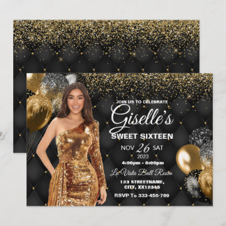 Black & Gold Sweet 16 Girl Birthday Invitation Kaart