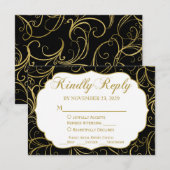 Black Gold Swirl RSVP Wedding Response w/Meal (Voorkant / Achterkant)
