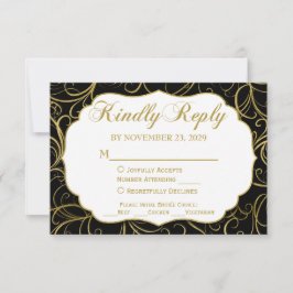 Black Gold Swirl RSVP Wedding Response w/Meal Kaartje