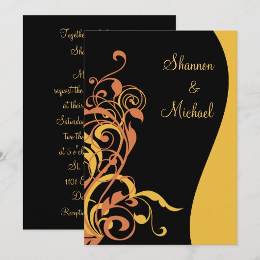 Black Gold Swirl Wedding Uitnodiging (Voorkant / Achterkant)