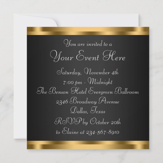 Black Gold Swirls All Occasion Party Invitation Kaart (Achterkant)