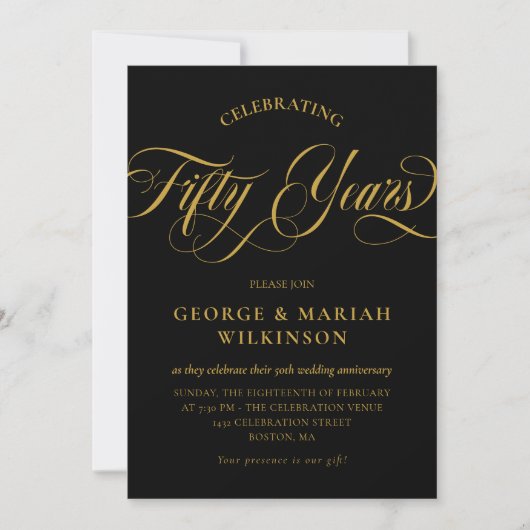 Black Gold Swirly Script 50th Wedding Jubileum Kaart (Voorkant)