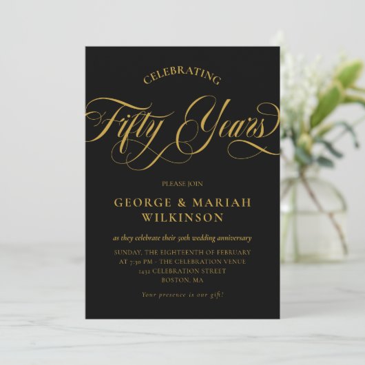 Black Gold Swirly Script 50th Wedding Jubileum Kaart (Staand voorkant)