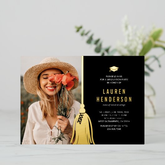 Black Gold Tassel Photo Graduparty Folie Invi Folie Uitnodiging (Staand Voorkant)