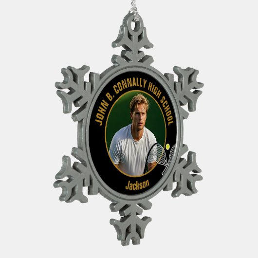 Black Gold Tennis Player Photo High School Tin Sneeuwvlok Ornament (Links)