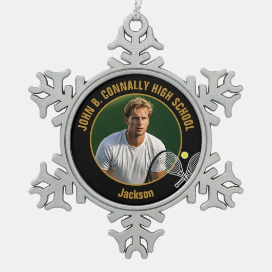 Black Gold Tennis Player Photo High School Tin Sneeuwvlok Ornament (Voorkant)