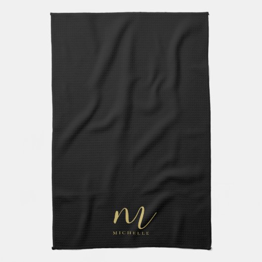 Black & Gold Text Name Sleek Script Monogram Theedoek (Verticaal)