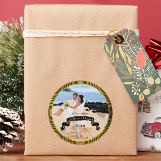 Black Gold Thin Multiple Stripe Your Weduwfoto Ronde Sticker (Feestdagen)