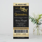 Black Gold Ticket Quinceanera Masquerade Party Kaart (Staand voorkant)