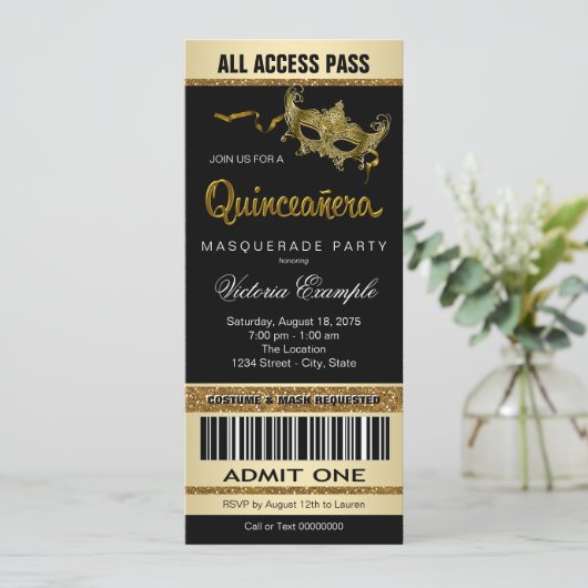 Black Gold Ticket Quinceanera Masquerade Party Kaart (Staand voorkant)