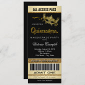 Black Gold Ticket Quinceanera Masquerade Party Kaart (Voorkant / Achterkant)