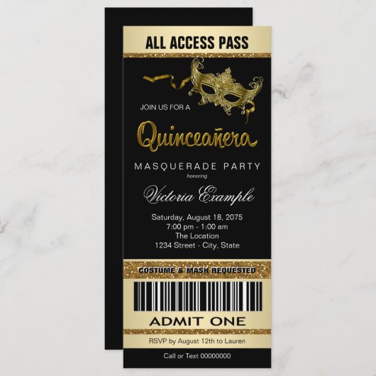 Black Gold Ticket Quinceanera Masquerade Party Kaart (Voorkant / Achterkant)