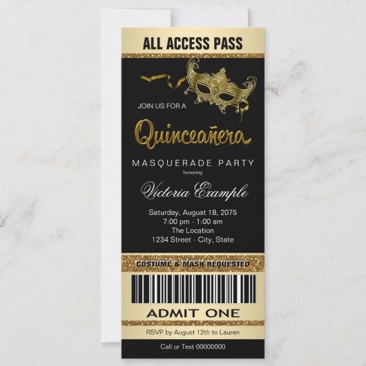 Black Gold Ticket Quinceanera Masquerade Party Kaart (Voorkant)