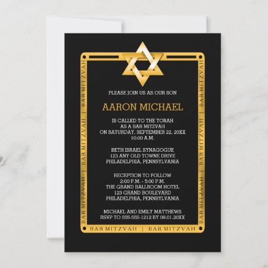 Black | Gold Tone Star van David Bar Mitzvah Kaart (Voorkant)