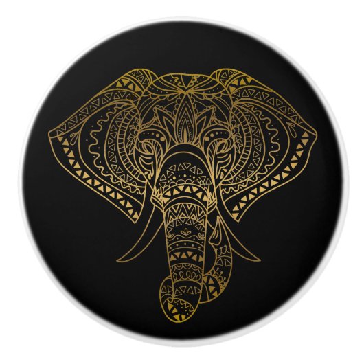 Black Gold Tribal Elephant Boho Keramische Knop (Voorkant)