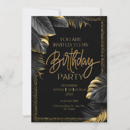 Black Gold Tropical Leaf Happy Birthday Party Kaart