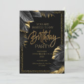 Black Gold Tropical Leaf Happy Birthday Party Kaart (Staand voorkant)