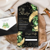 Black Gold Tropical Monstera Palm Baby shower All In One Uitnodiging